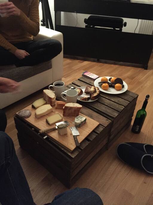 Enjoy a breakfast on the rustic couch table.