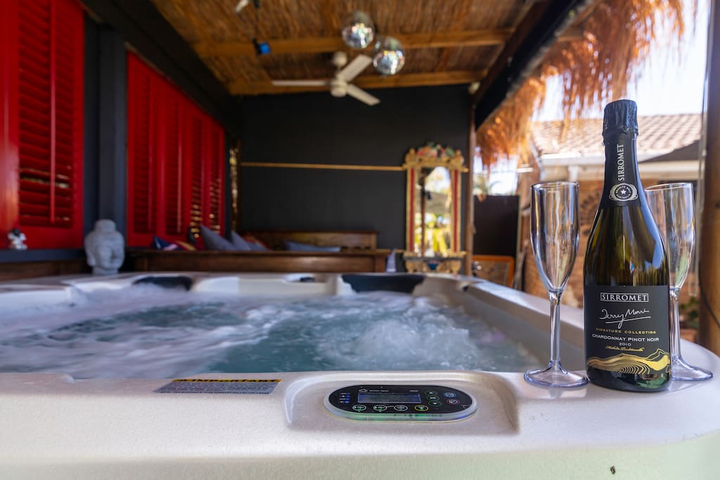 What a great way to relax in the spa over looking the pool area