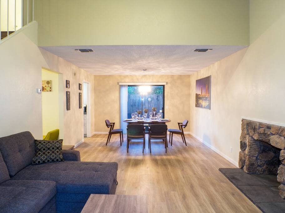 View from the spacious living room into the dining area
