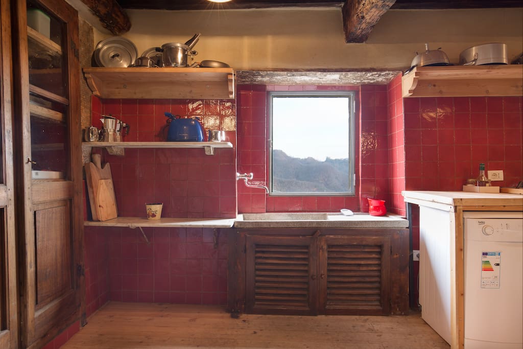 kitchen sink with mountain view