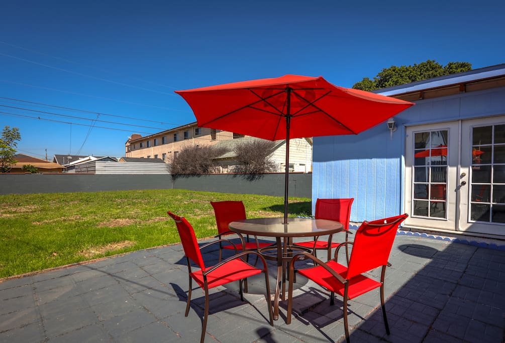 A 4-person patio table with umbrella offers a little shade and a place to sit