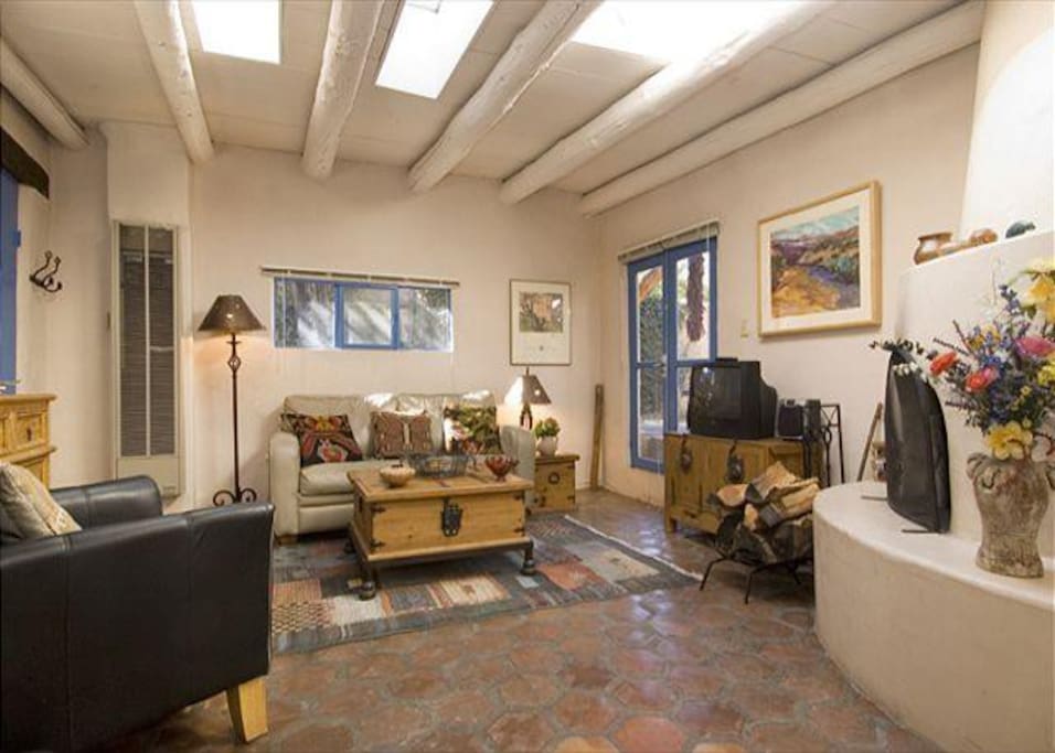After the sun has set, relax in this well-appointed living room.