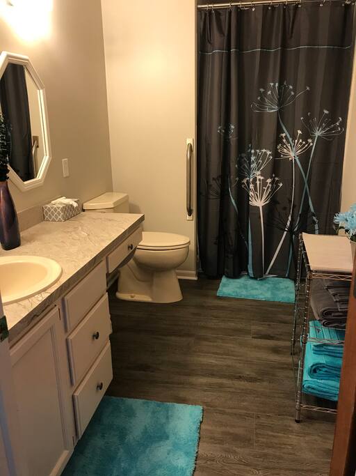 Full private bathroom with raised toilet, grab bar, and walk in shower.