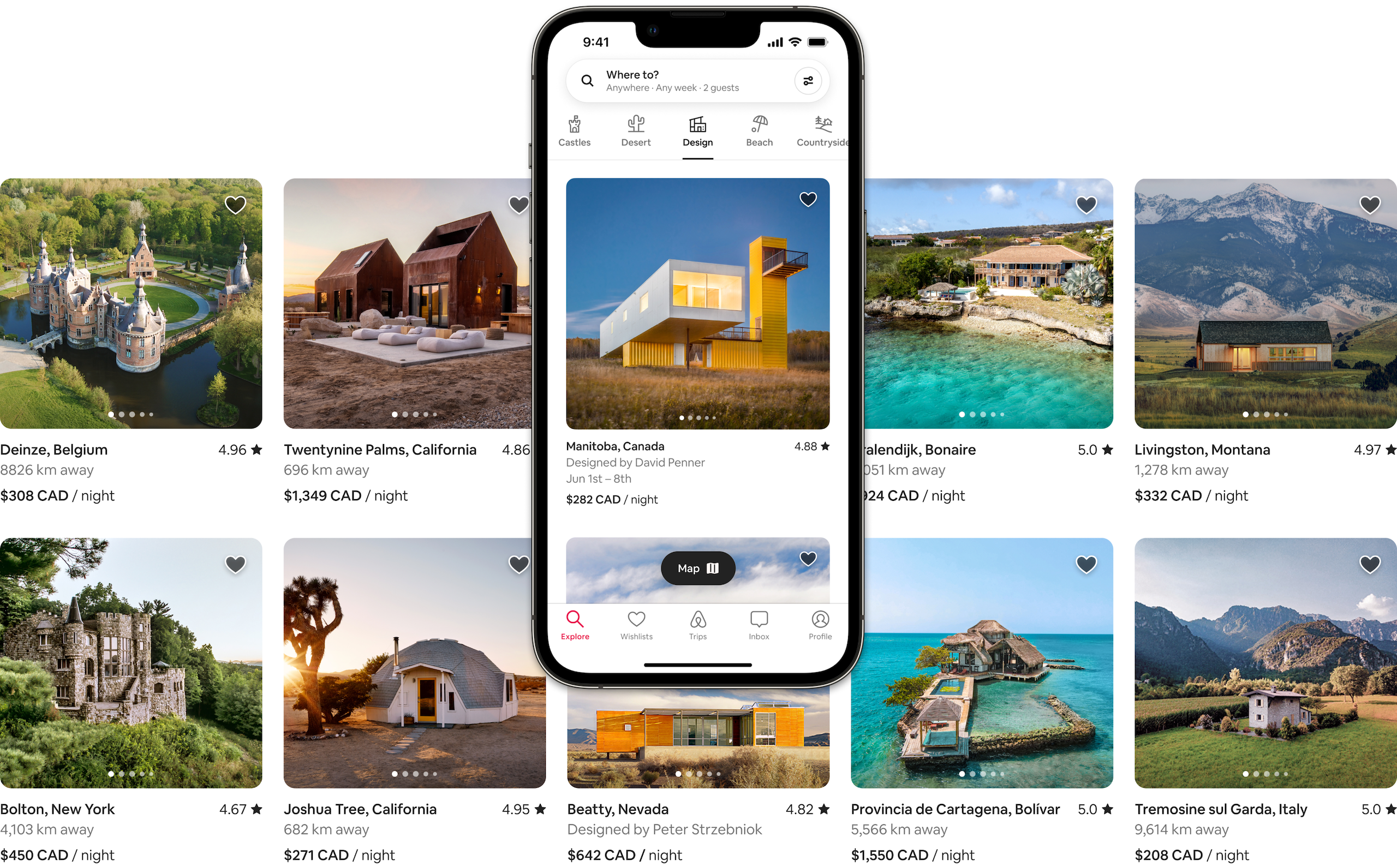 Two rows of beautiful listing photos show homes in Airbnb’s Castle, Desert, Design, Beach, and Countryside Categories. One of the listings is shown on a cell phone screen, demonstrating how the listings would show up in the Airbnb app.