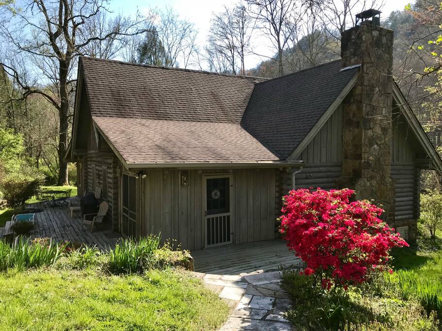 Side entrance through the dinning room and back porch. Great room and chimney.