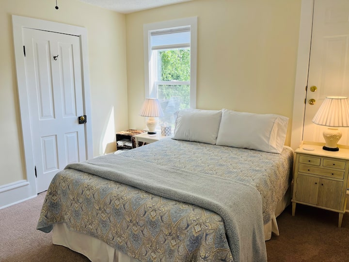 Chambre Queen avec lampes, porte-bagages, mouchoirs et cintres. 