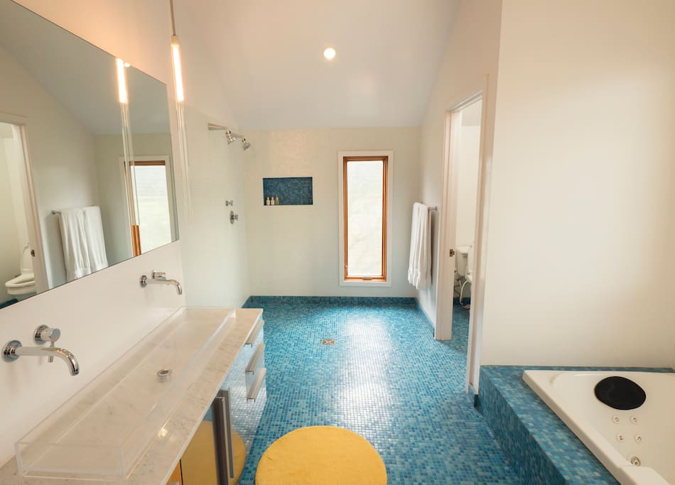 Upstairs master bath with double sink, open shower, jetted tub and washlet