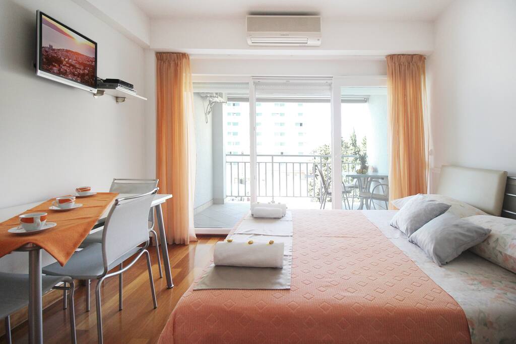 View of the living space in the studio apartment