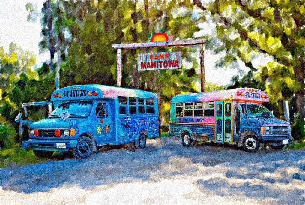 Hop on our hippie buses and begin your adventure at Camp Manitowa!
