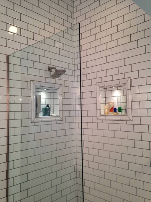 Subway tiles were used in the bathroom when we remodeled the space.