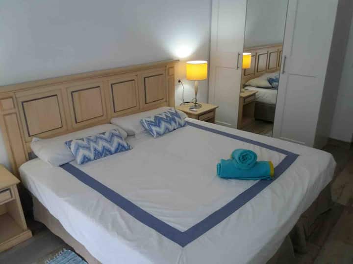 Bedroom 1  with terrace exit closet and ceiling fan 