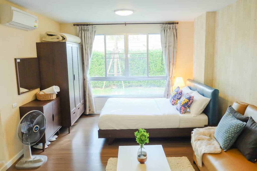 My room offers top facilities, and garden view.