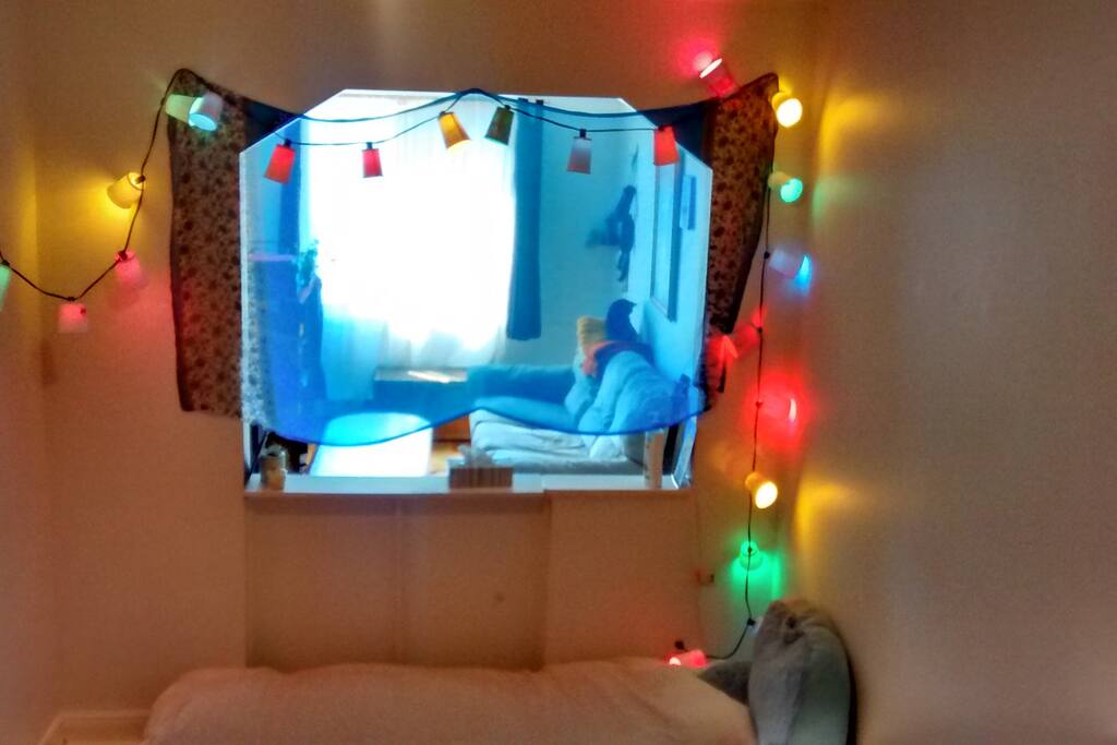 The bedroom now has a bed frame and full curtains. A new picture will be uploaded soon.