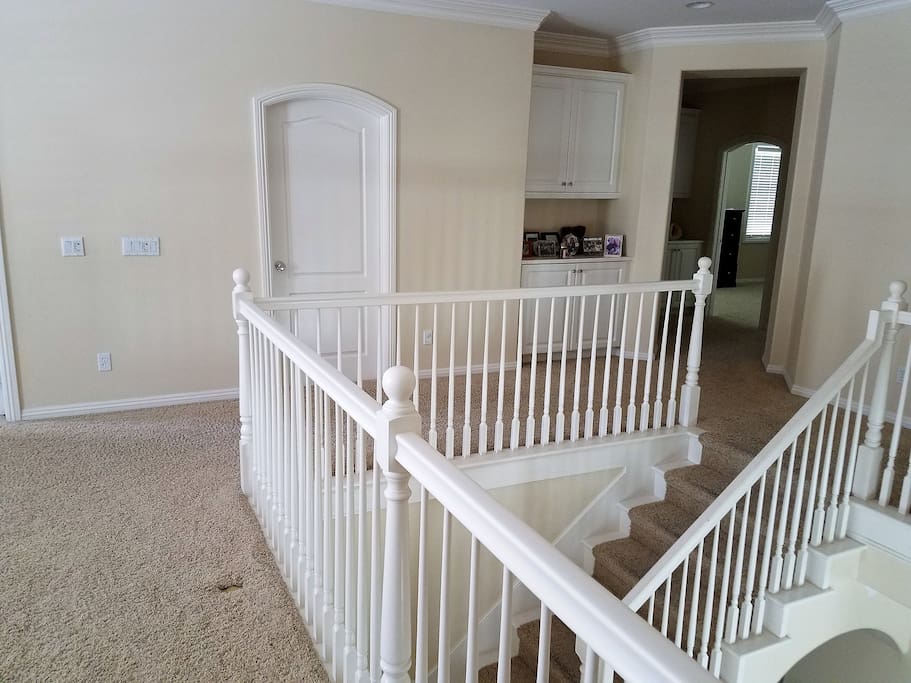 At the top of the stairs turn left for bedroom one, at the front of the house. A slight left is bedroom two with the bunk beds.