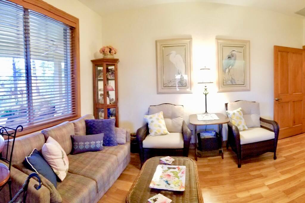 Comfortable and Spacious Living area. Set up for dining, lounging, reading, visiting.