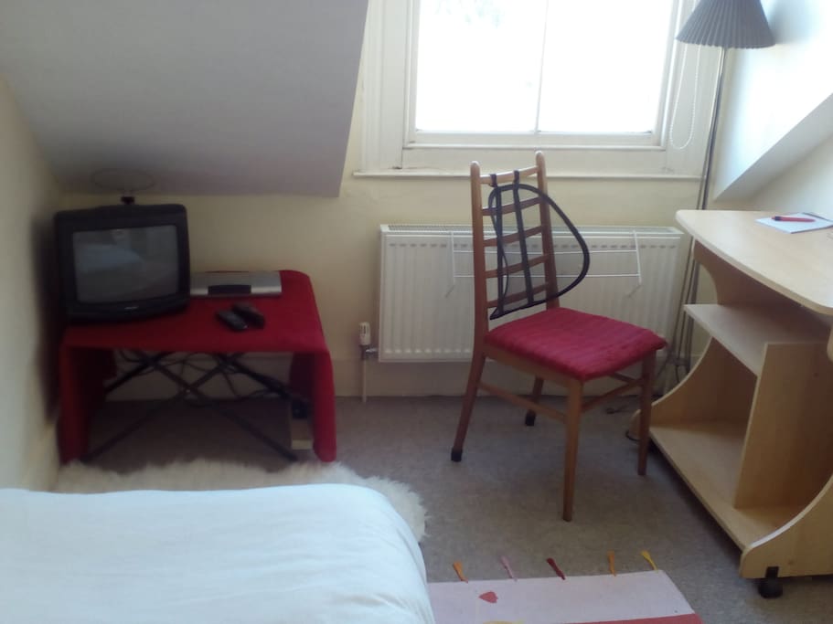 The desk and TV.