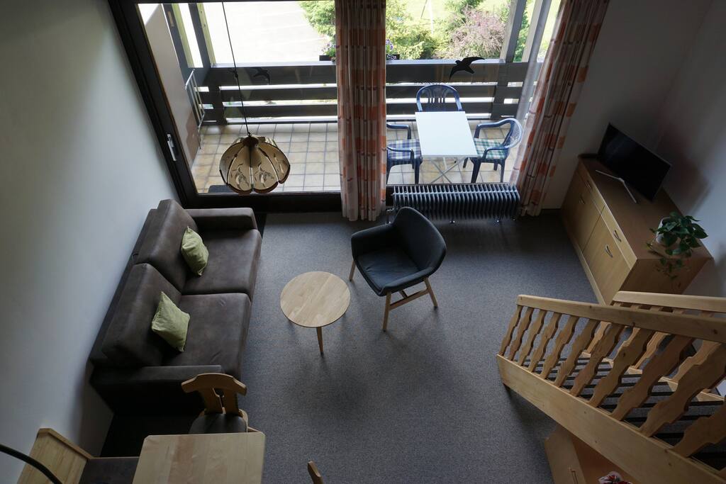 The entire living space with a sleeping couch transformable into a bedroom.