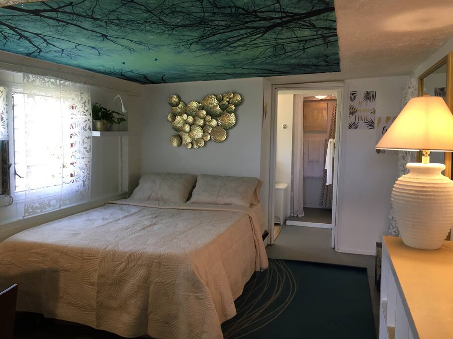 The bedroom with AC, cable TV, free wi-fi and a queen bed with a head incline which allows you to sit up comfortably.