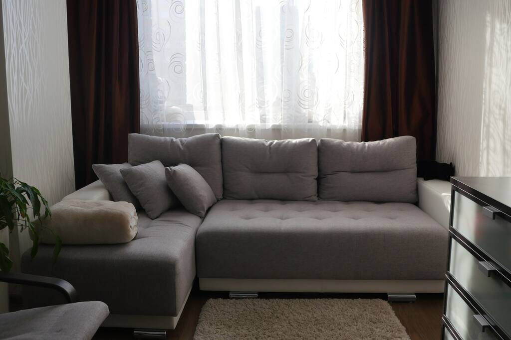 Living room — couch (transforms to queen size bed), TV, table
Гостиная — диван-кровать (на двоих), телевизор, стол