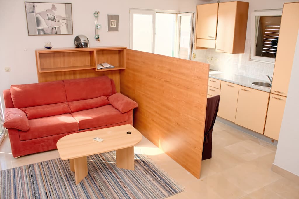 Bed sofa and kitchen