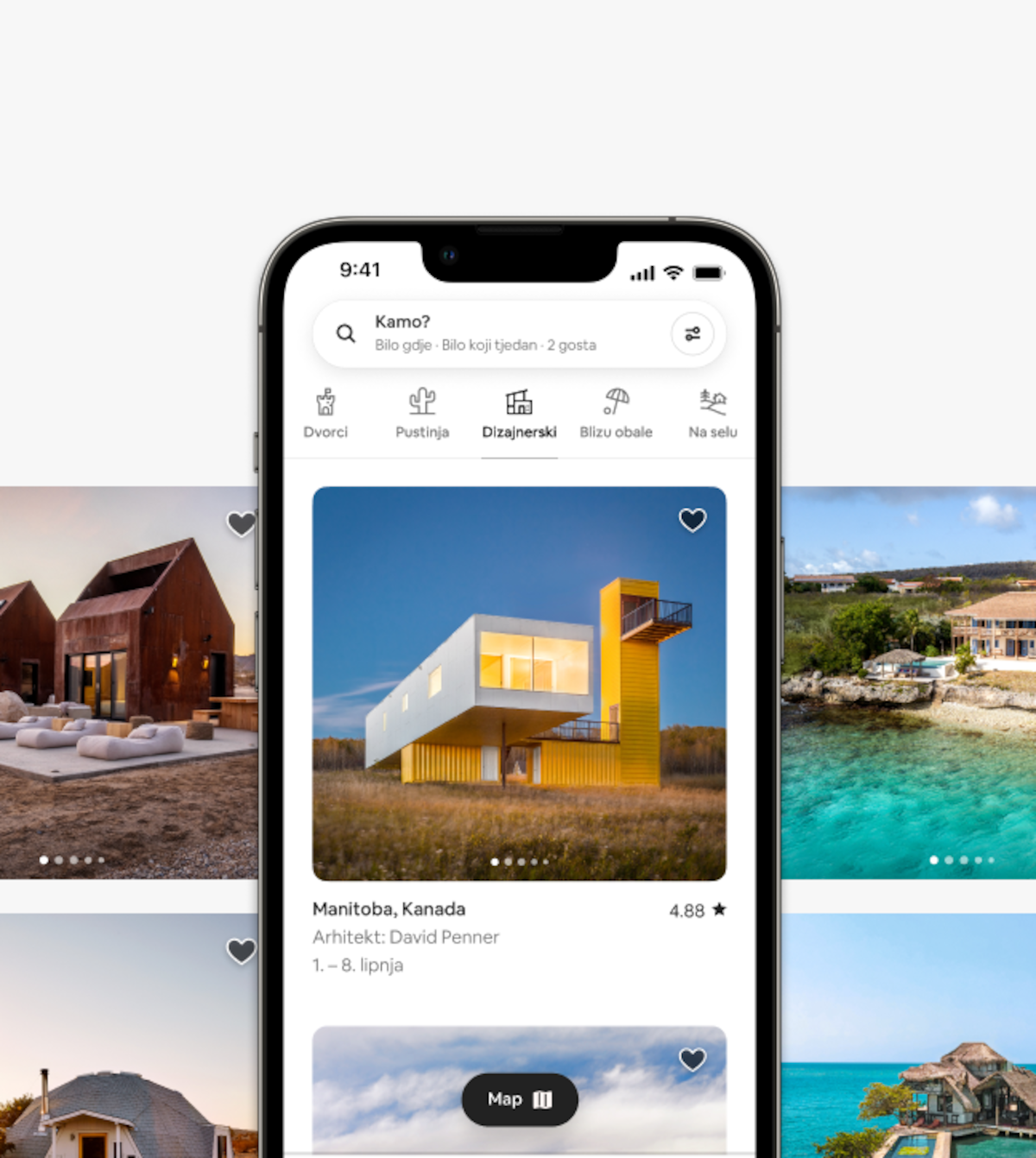 Slika pametnog telefona prikazuje potpuno novi dizajn Airbnba, koji se temelji na kategorijama Airbnb smještaja.