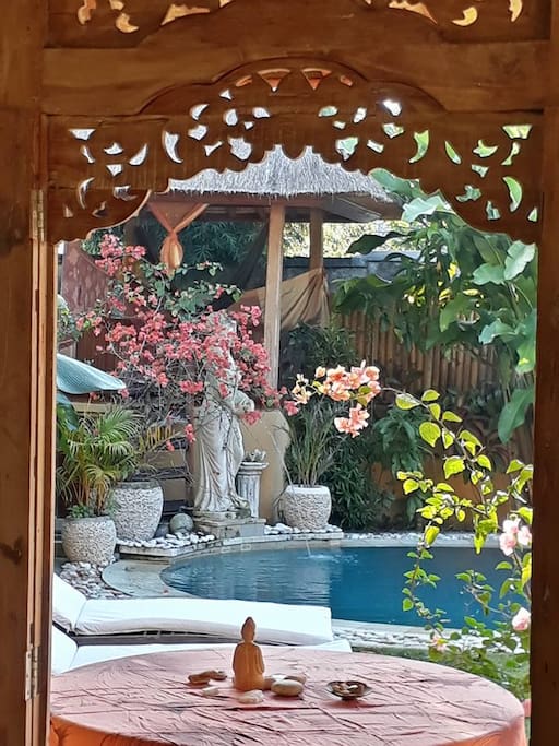 View from inside looking out to pool and Bale...