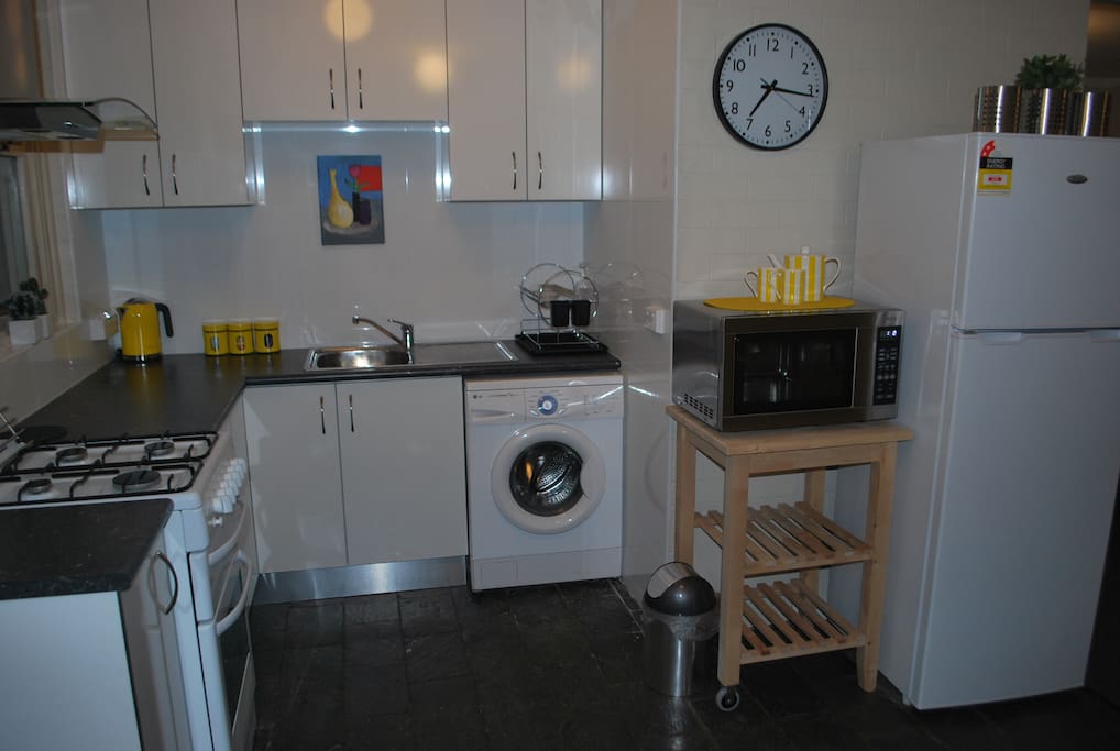 Washer in kitchen and full size fridge
