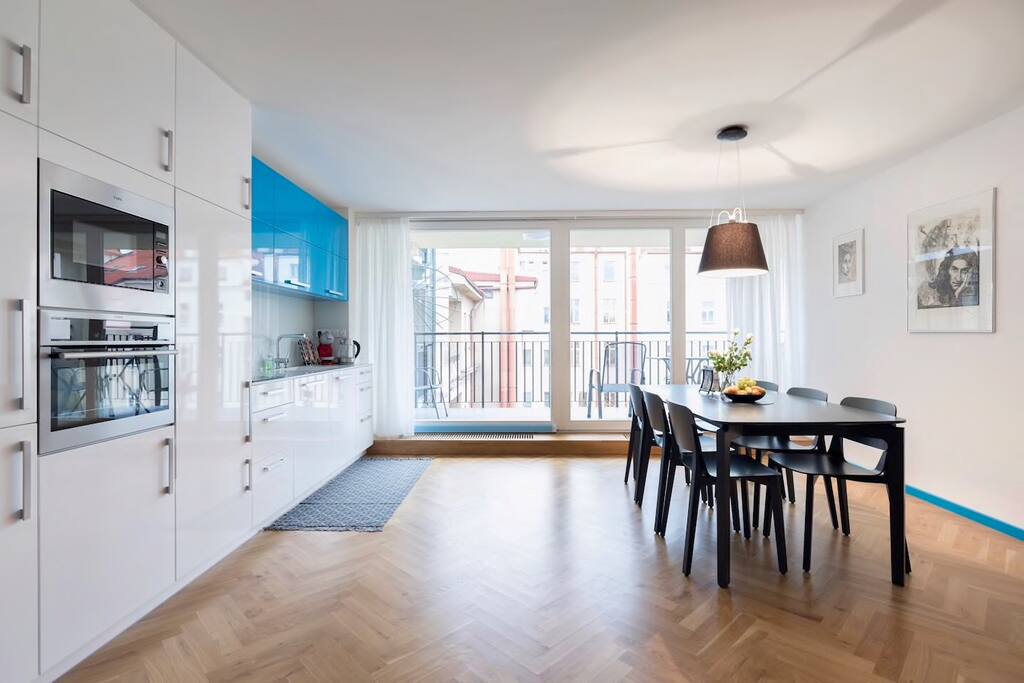 First fully equipped kitchen, dining area for six people