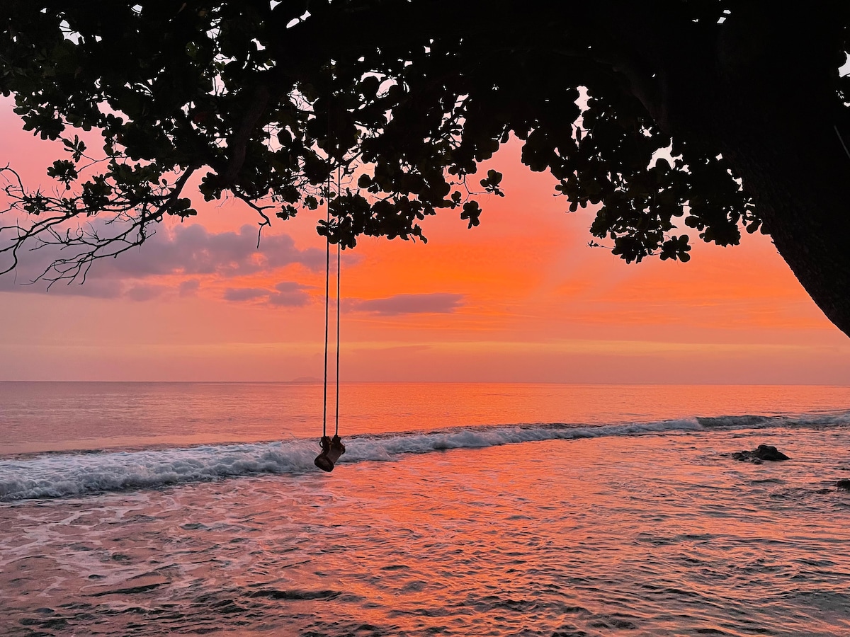 A tranquil beach scene captures the sunset, displaying vibrant hues of orange and pink. A swing hangs gently from a tree branch, framing the view of calm waves lapping at the shore, with the expanse of the ocean stretching towards the horizon.