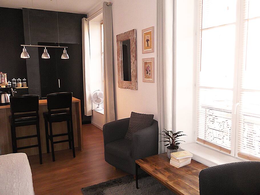 Studio lumineux éclairé par deux grandes fenêtres, situé au second étage, donnant sur une rue piétonne.