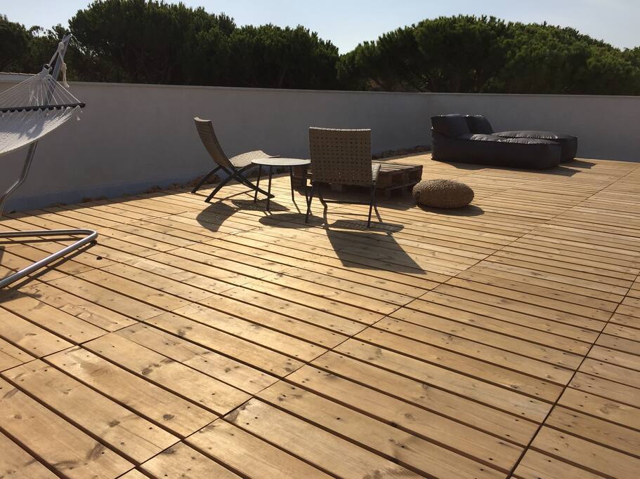 Gran azotea con madera sobre estanque natural con peces de colores que depuran la piscina desbordante