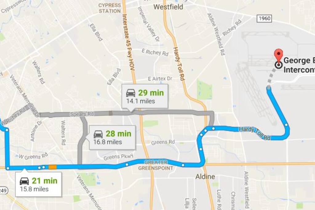 Approximate distance and travel time to IAH Airport