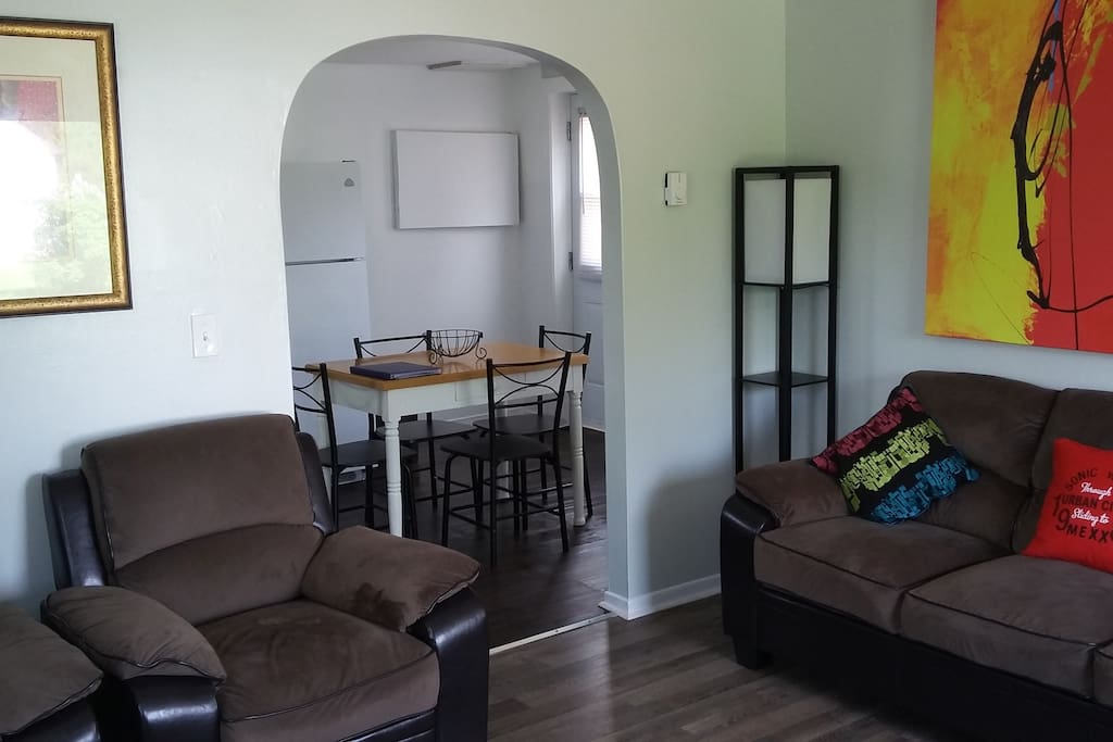 Living room with adjoining kitchen
