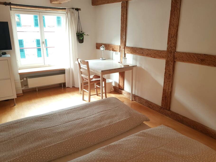 Das Schlafzimmer mit Arbeitsplatz & TV