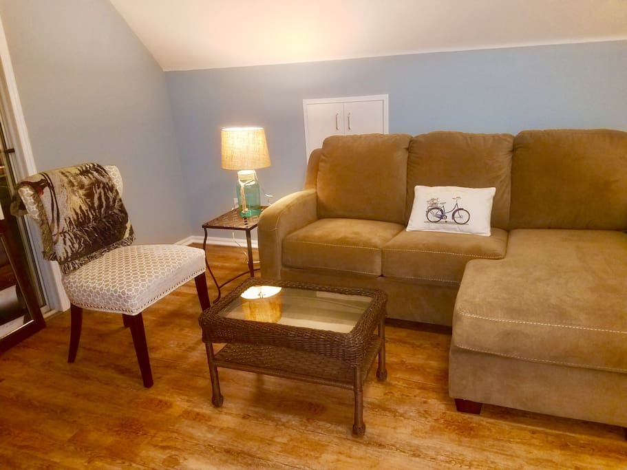 Full size pull out sofa bed with upgraded mattress.