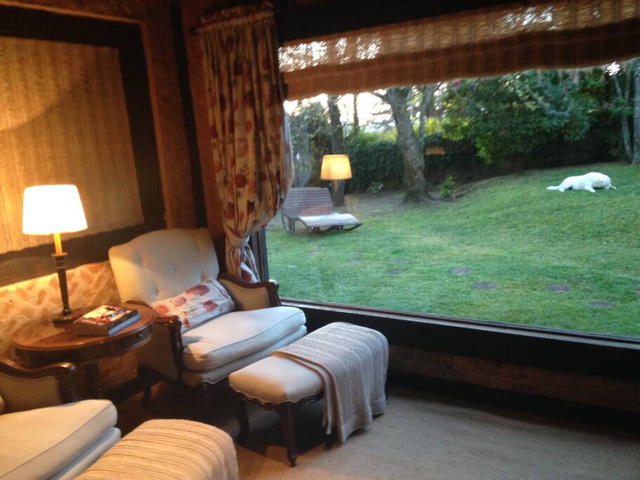 sala de leitura com vista para jardim