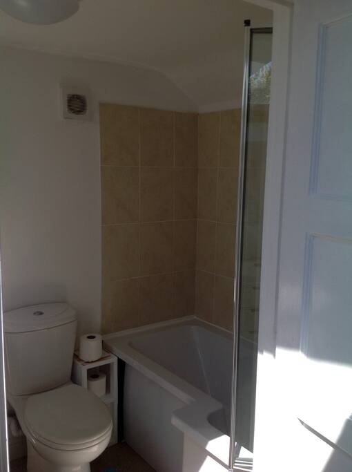 Bath with Electric shower and folding screen.