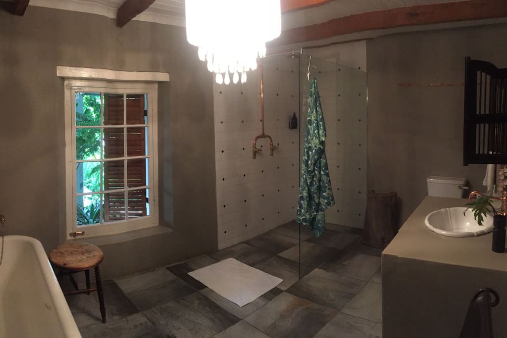Bathroom with Victorian bath and shower.