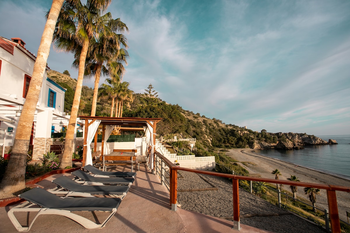 A shaded terrace is equipped with lounge chairs, offering views of the beach and surrounding natural landscape. Palm trees provide greenery, while the coastline stretches into the distance, revealing a sandy shore and calm waters. The area appears inviting for relaxation and outdoor enjoyment.