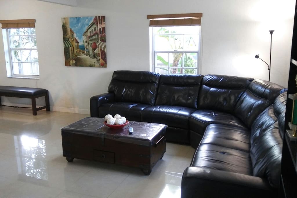Living Room with new leather sofa.