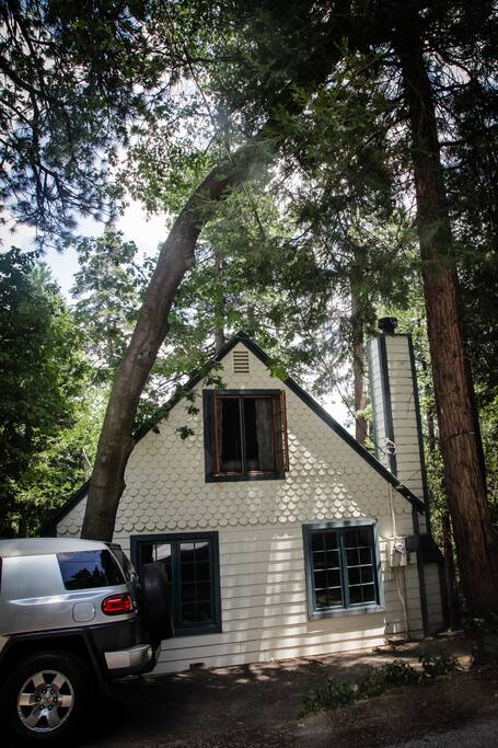 The cabin from the street; master bedroom window is open.