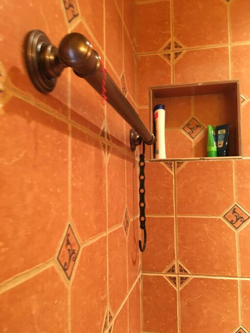 Shower -all pretty tile , 2 shower heads - clear glass wall - exit to
Pool ‼️