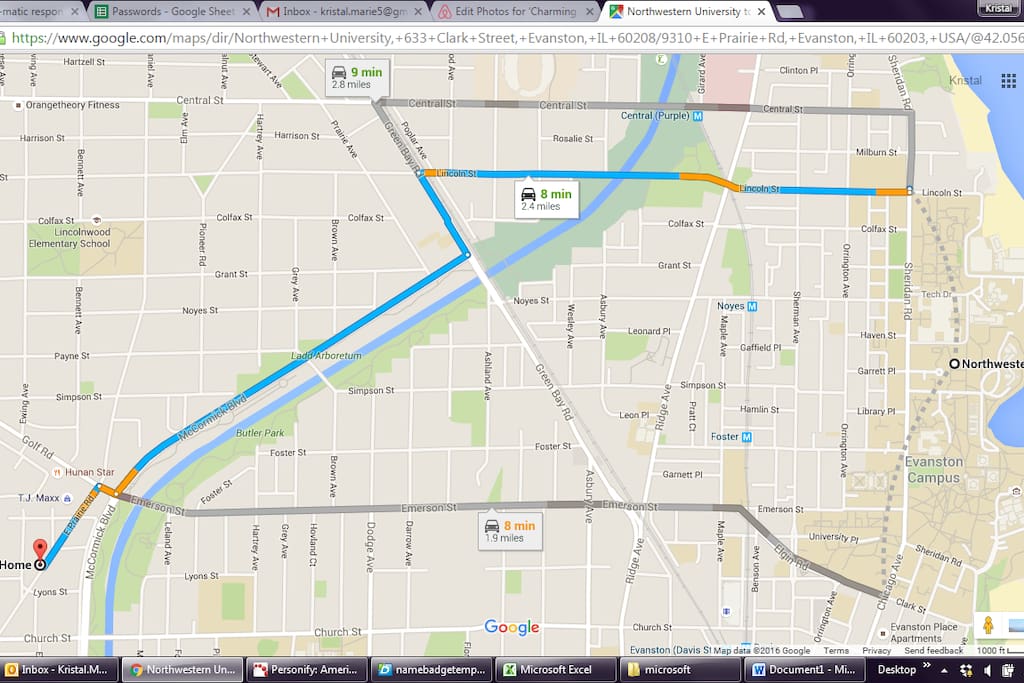 This is the map on how many minutes it takes to get to northwestern by car.