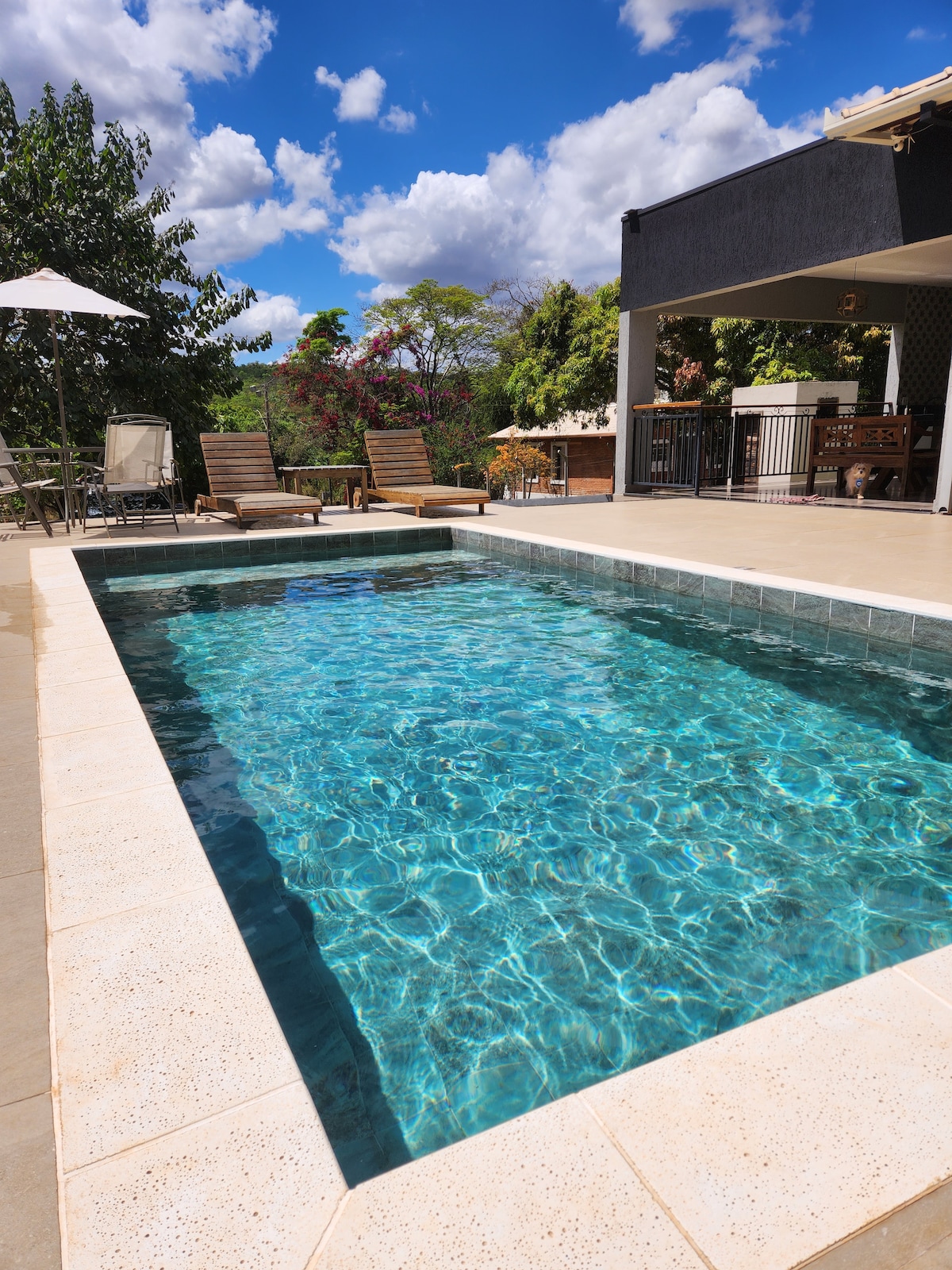 A tranquil pool is set within a terrace, featuring crystal-clear water and surrounded by lounge chairs. Lush greenery is visible in the background, complementing the bright blue sky dotted with clouds.
