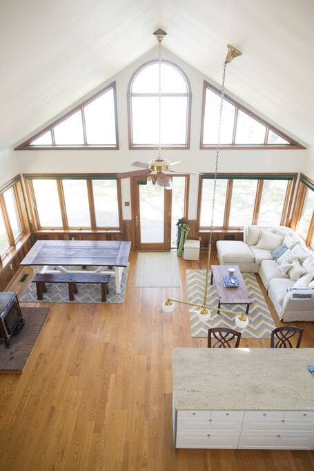 Large open concept kitchen, living room, dining space