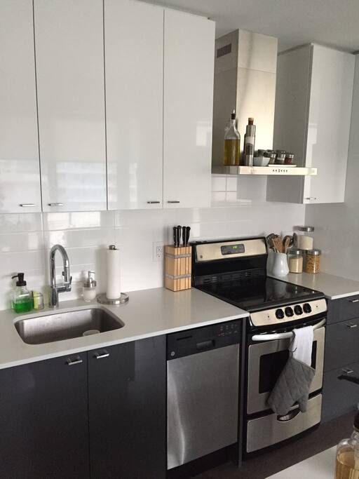Fully equipped kitchen with stainless steel appliances including: Fridge, Stove, Dishwasher and Microwave.