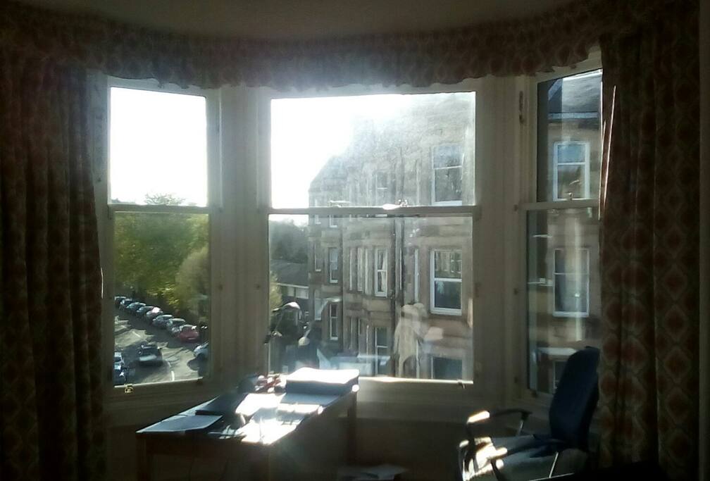 The bedroom bay window, with desk.