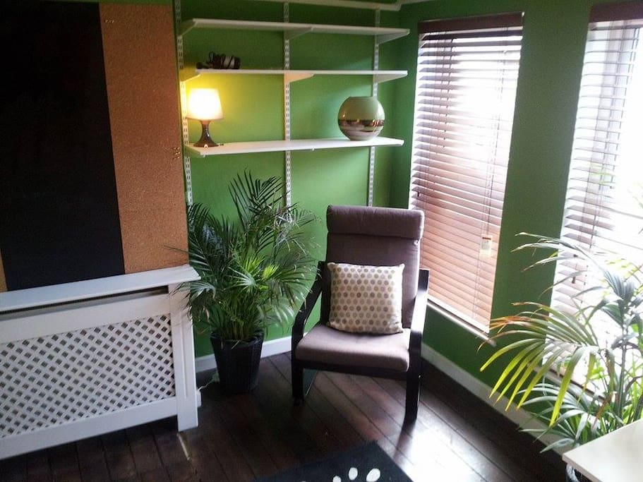 Reading seat with shelving, large double windows, double glazed