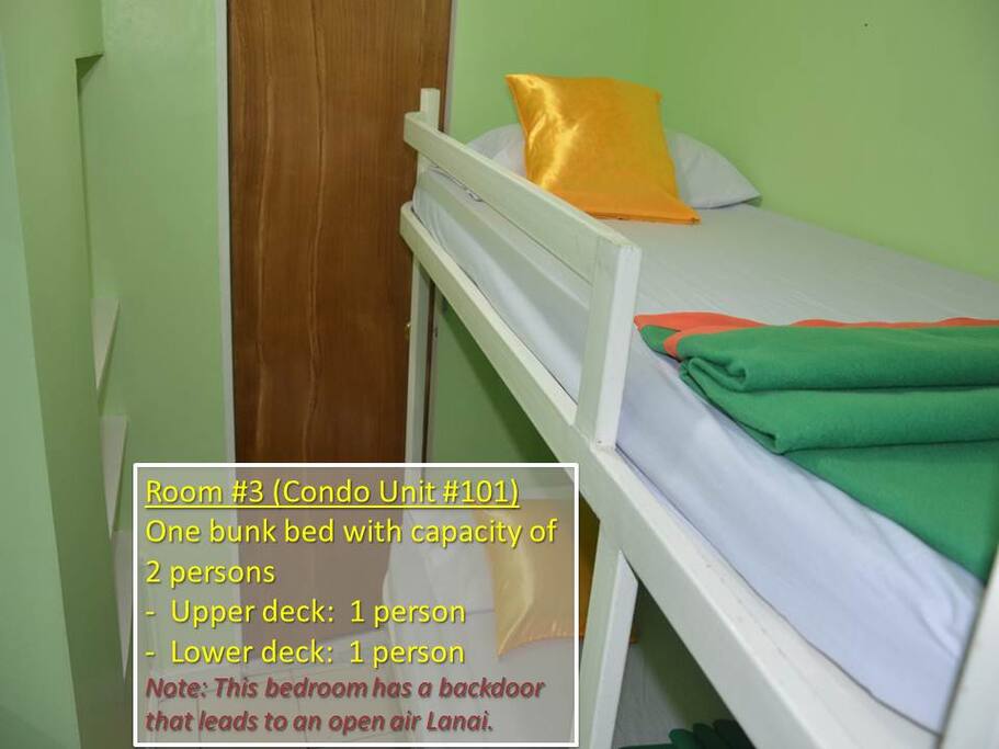 Bedroom #3 (Condo Unit #101)
--------------------------------------
Bedroom #3, with one bunk bed, has a capacity of two persons:
- Upper deck: Sleeps one person
- Lower deck: Sleeps one person