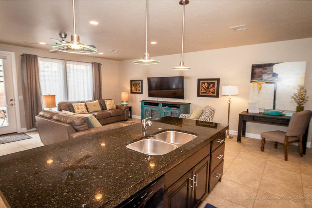 Open living room with a work space